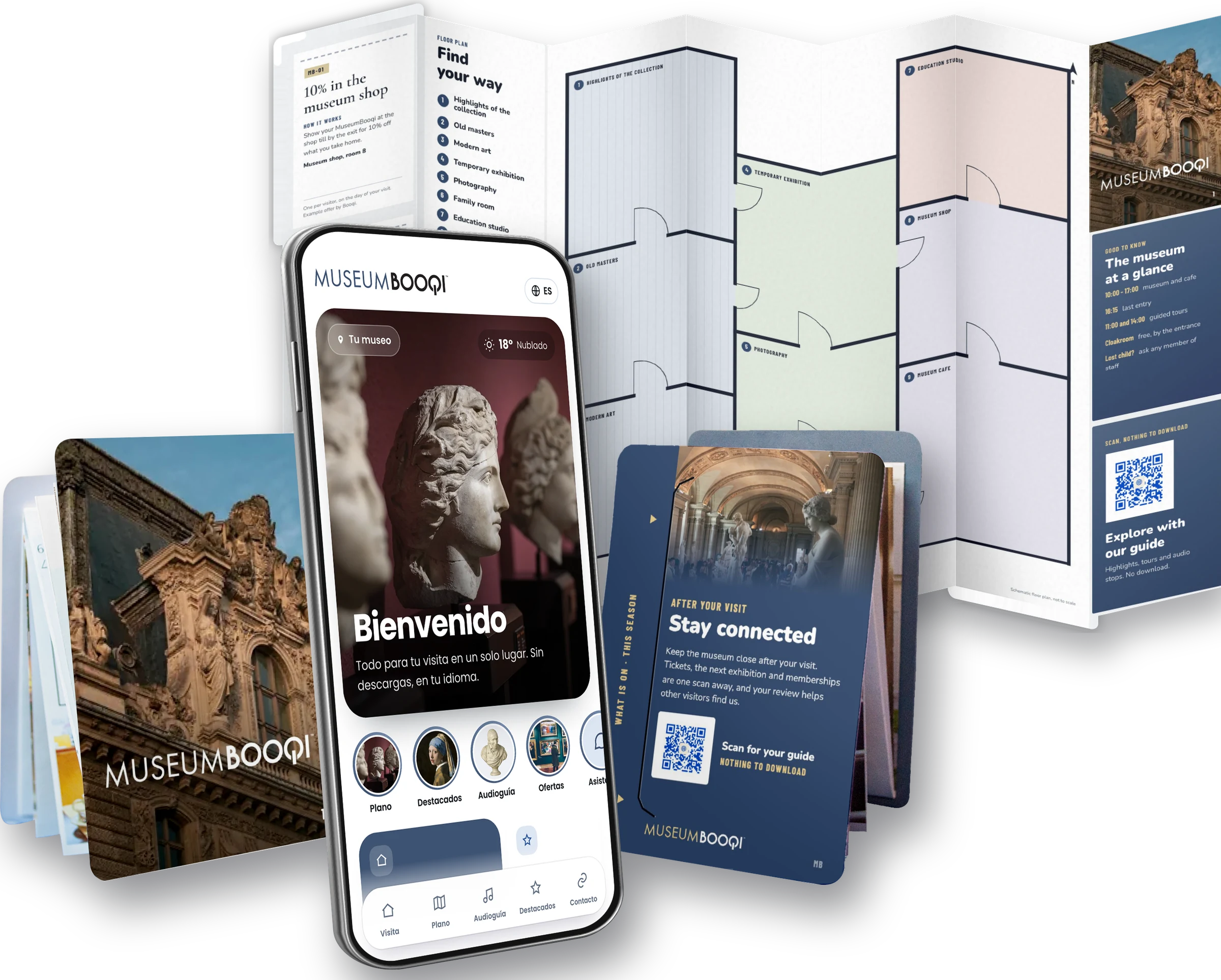 Un MuseumBooqi en la mano, con la guía digital en un teléfono